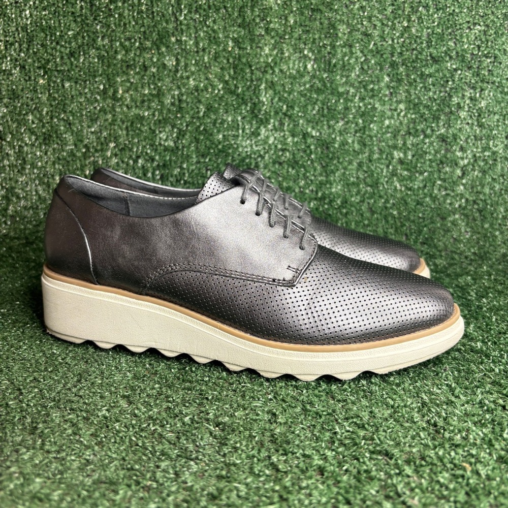 Clarks Sharon Dolly Perforated Wedge Platform Oxford Pewter Leather Womens 8.5 M